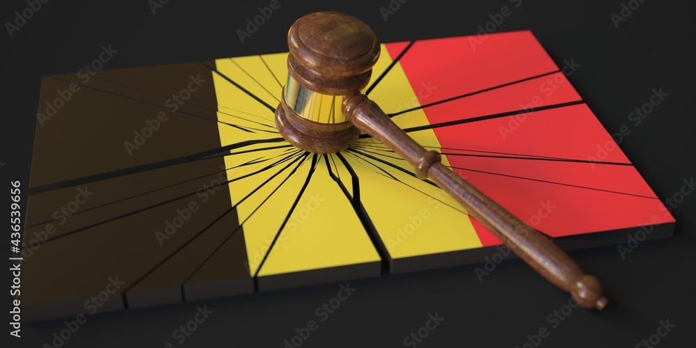Poster judge's gavel and broken block with flag of belgium. conceptual 3d rendering