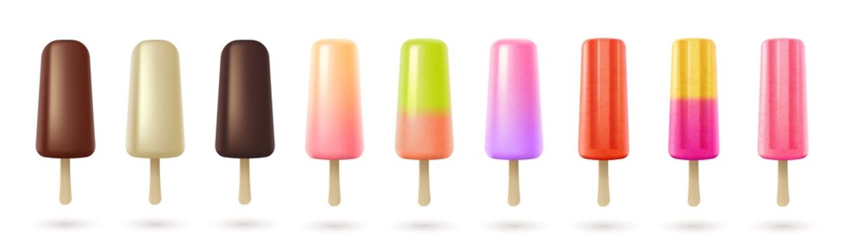 Set of popsicle, fruit frozen ice and eskimo sundae ice cream on wooden sticks on white background