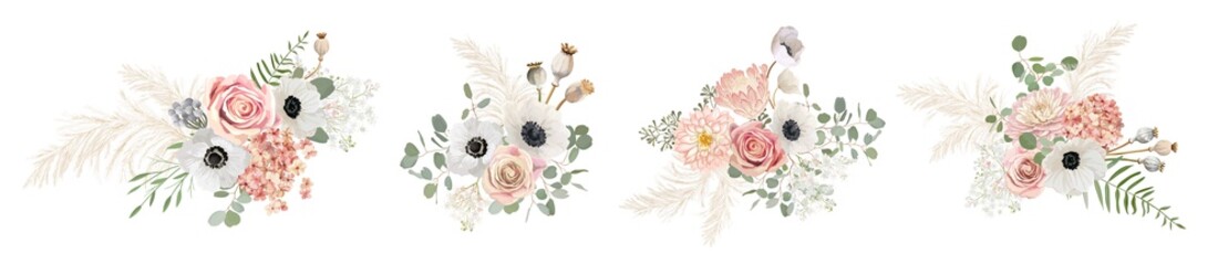 Watercolor pastel floral bouquets Designs. Vector flowers, dried anemone, wedding roses, pampas grass