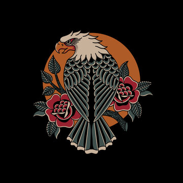 Eagle and roses traditional tattoo style