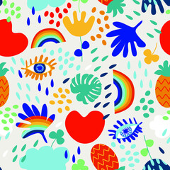 seamless pattern with rainbow, pineapple, leaf and eyes