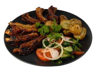 Close up Gourmet Grilled Pork Rib and Fried Potato Wedges on Plate with Sauce and Veggies, Isolated on White Background.