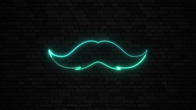 Men's mustache in thin glowing neon line on a dark brick wall background. Simple motion graphic animated element