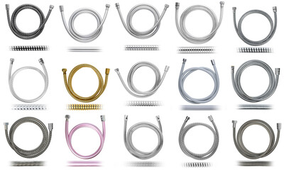 a set of photos of various shower hoses on a white insulated background.