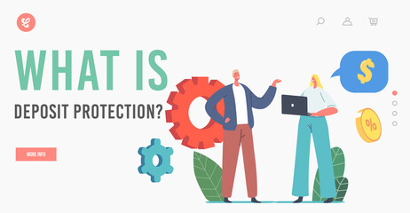 Deposit Protection Landing Page Template. Financial Expert Male Character Explain to Businesswoman Money Saving Strategy