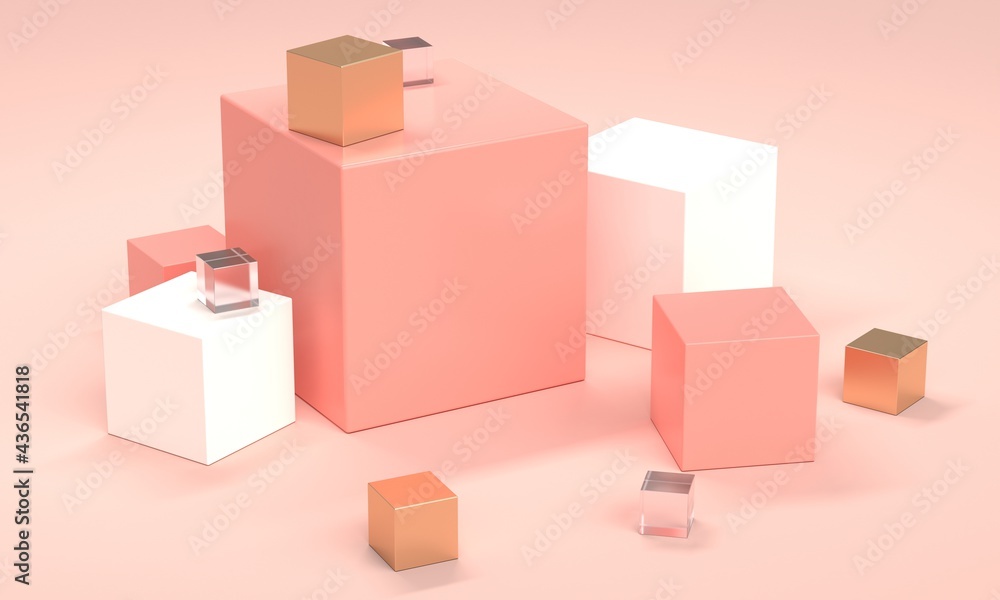 Poster pink abstract background with gold and glass cubes. 3d rendering