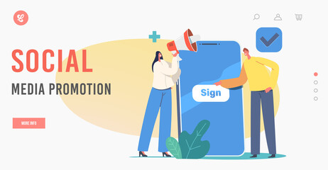 Social Media Promotion Landing Page Template. New User Online Registration. Tiny Characters Sign Up on Huge Smartphone