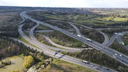M25 M11 motorway junction Essex UK drone aerial view 