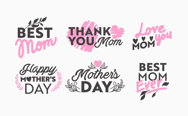 Set of Mothers Day Icons with Typography and Floral Design Elements Isolated on White Background. Best Mom, Love You