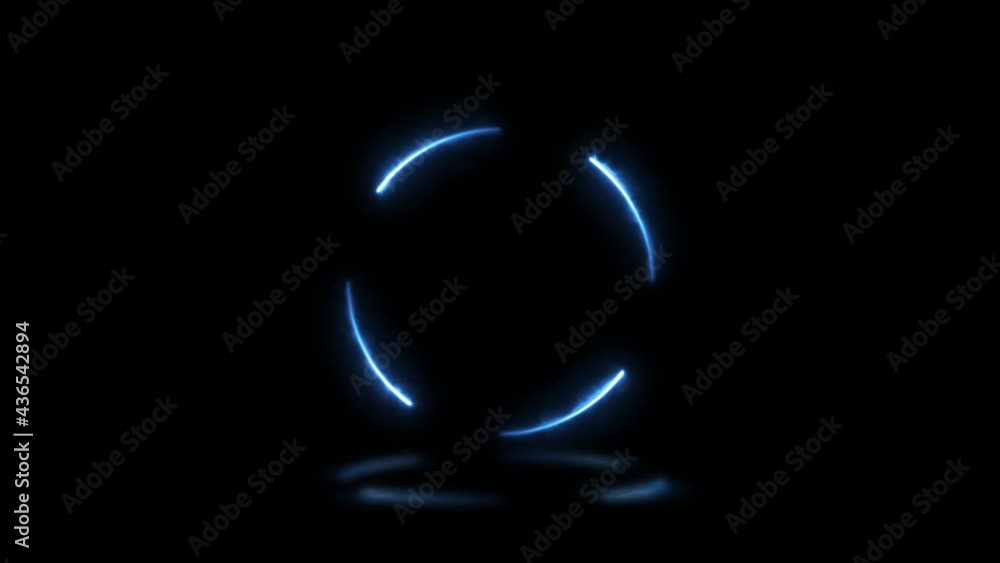 Poster round shape with blue electric lights with reflections on a black background. seamless loop abstract