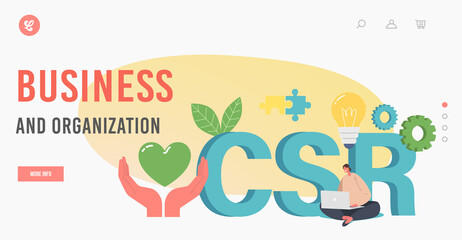 Csr, Business and Organization Landing Page Template. Tiny Female Character Work on Laptop, Human Hands Holding Heart