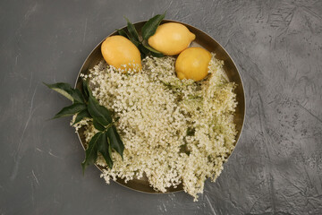 Elderflower and lemon on a tray. Basic ingredients for elderflower cordial.
