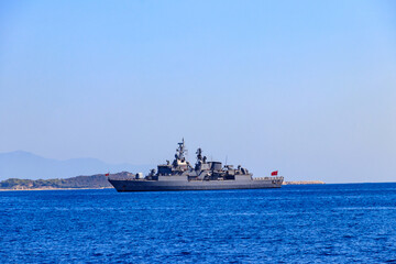 Turkish navy warship sailing in the Mediterranean sea. Protection of water borders of Turkey