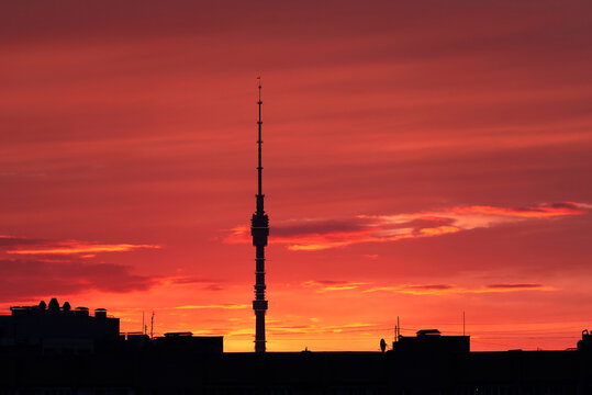 MOSCOW - MAY 30: Ostankinskaya TV tower during spring sunset in Moscow on May 30. 2021 in Russia