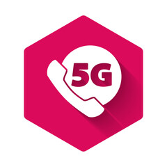 White Phone with 5G new wireless internet wifi icon isolated with long shadow. Global network high speed connection data rate technology. Pink hexagon button. Vector