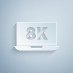Paper cut Laptop screen with 8k video technology icon isolated on grey background. Paper art style. Vector