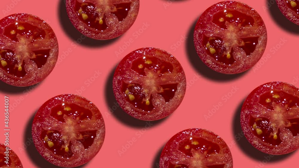 Poster geometric pattern with tomato slices on a coral background. simple motion graphic food concept seaml