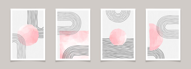 Mid century modern abstract minimal posters with lines and watercolor elements. Trendy geometric backgrounds for wall decoration, brochure cover. Contemporary vector illustration of modern home prints