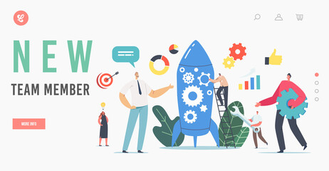 New Team Member Landing Page Template. Newcomer Character Take Part in Rocket Launch, Startup Business Project
