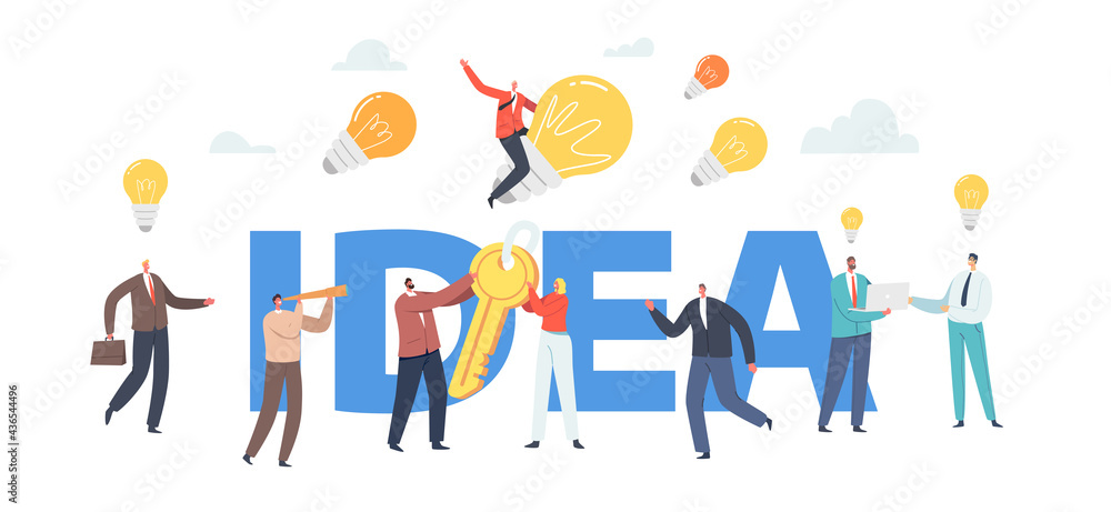 Poster creative idea concept. business characters with huge illuminated light bulbs, team searching new ins