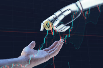 Robot hand giving a Bitcoin to an human hand.