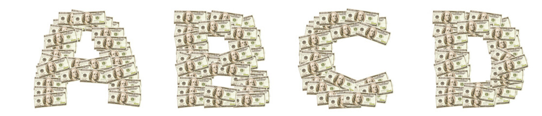 Letters A, B, C, D made of dollars