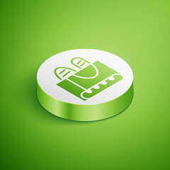 Isometric French baguette bread icon isolated on green background. White circle button. Vector