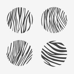 Set of round black striped abstract zebra patterns. Hand drawn doodle shapes. Curved wavy lines. Modern trendy vector illustration. Elements for wall posters, fabrics, textile templates, covers