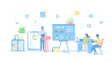 Business data reporting, consulting, analytics, credit report, accounting. Man makes a report in front of a team. Vector illustration flat style.