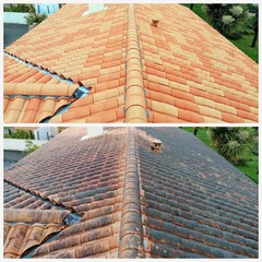 montage de toiture avant et après nettoyage et traitement des tuiles  - 436545468