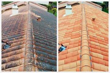 montage de toiture avant et après nettoyage et traitement des tuiles  - 436545628