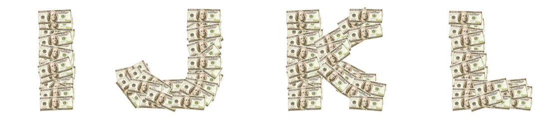 Letters I, J, K, L made of dollars