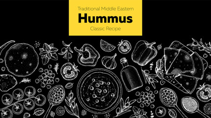 Hummus cooking and ingredients for hummus, sketch illustration. Middle eastern cuisine frame. Healthy food, design elements. Hand drawn, package design. Middle eastern food.