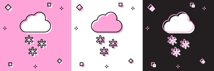Set Cloud with snow icon isolated on pink and white, black background. Cloud with snowflakes. Single weather icon. Snowing sign. Vector