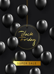 Black friday sale Background. Festive design of realistic black gifts box, glitter silver snowflake, golden stars. Vector poster, banner, greeting cards. 