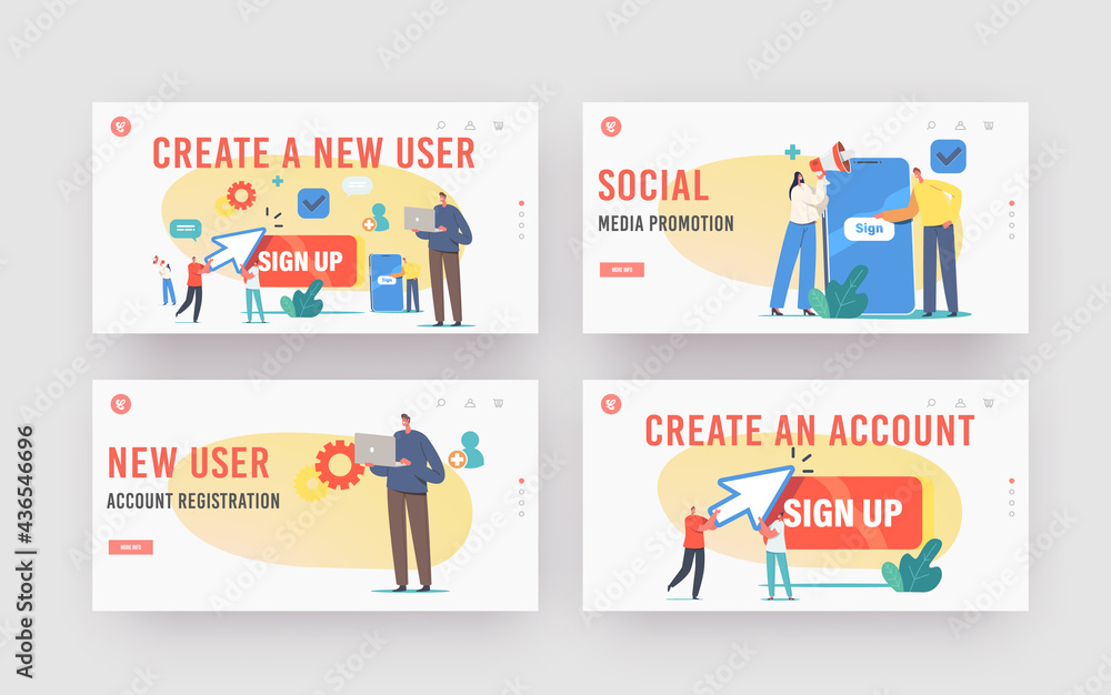 Aufkleber new user online registration and sign up landing page template set. characters signing up to account