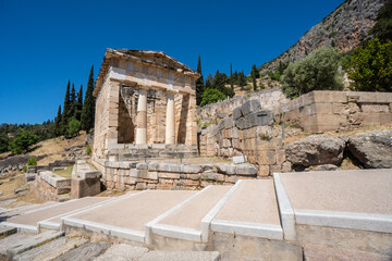 Fototapeta na wymiar The Athenians treasury in the archaeological site of Delphi in Fokida, Greece