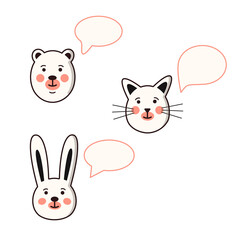 Vector illustration of cute animal faces and speech bubbles isolated on white background. 
