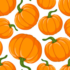 Cartoon orange Pumpkin vector seamless pattern.  Symbol of Fall season, Autumn Harvest, Thanksgiving Day. Hand drawn background for design print, fabric, textile, greeting card, invitation