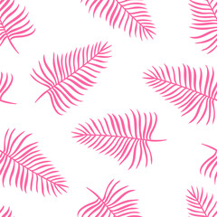 Seamless pattern with tropical leaves on white background.
