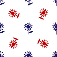 Blue and red Sunflower icon isolated seamless pattern on white background. Vector