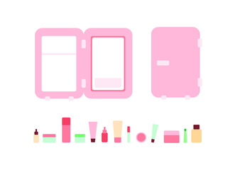Open and closed cosmetics refrigerators and set of skin care products.