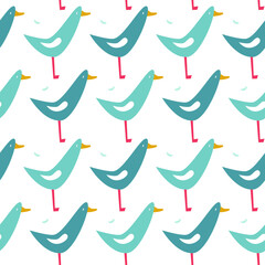 Seamless pattern with blue seagulls on white background. Modern design for fabric and paper, surface textures.