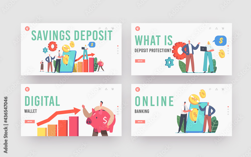 Poster savings deposit landing page template set. tiny characters put coins into huge smartphone making fin