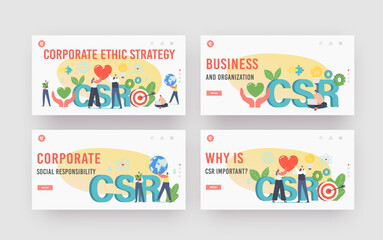 Corporate Ethic Strategy Landing Page Template Set. Characters Csr, Social Responsibility, Ethical and Honest Business
