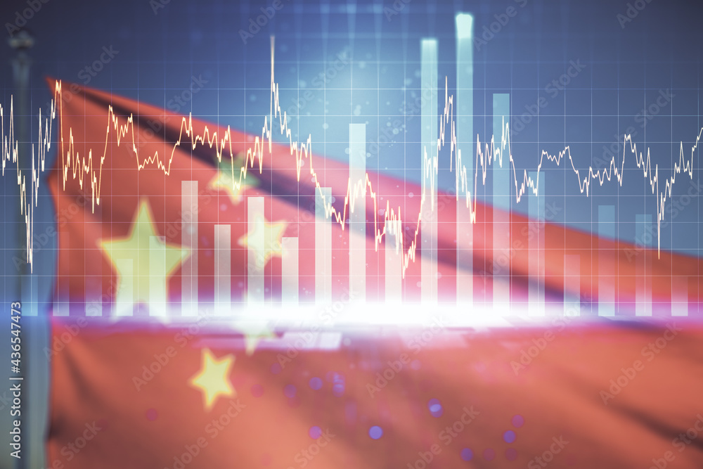 Poster multi exposure of virtual abstract financial graph interface on chinese flag and sunset sky backgrou