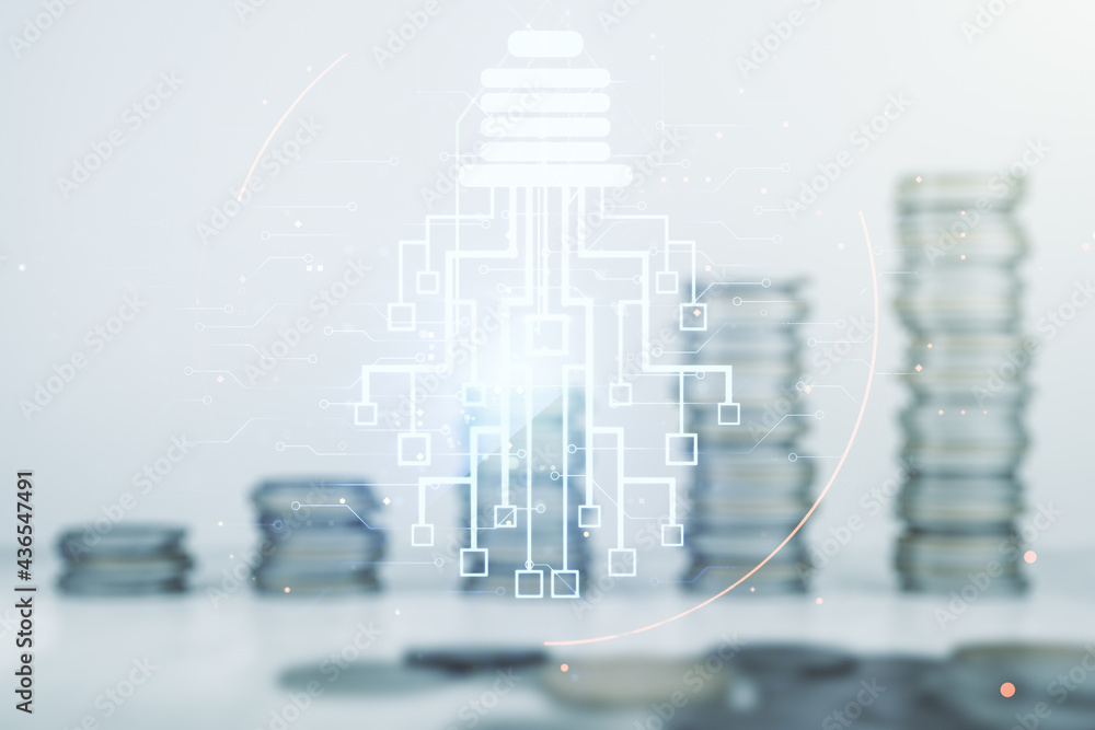 Poster virtual creative idea concept with light bulb and microcircuit illustration on stacks of coins backg