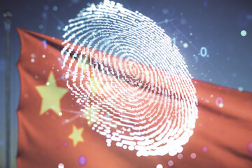 Multi exposure of virtual abstract fingerprint illustration on flag of China and sunset sky background, digital access concept