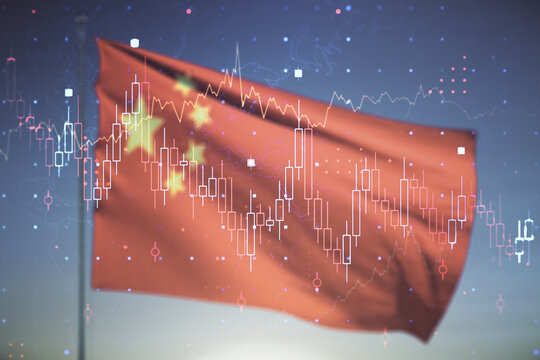 Multi exposure of virtual abstract financial graph interface on Chinese flag and sunset sky background, financial and trading concept - Powered by Adobe