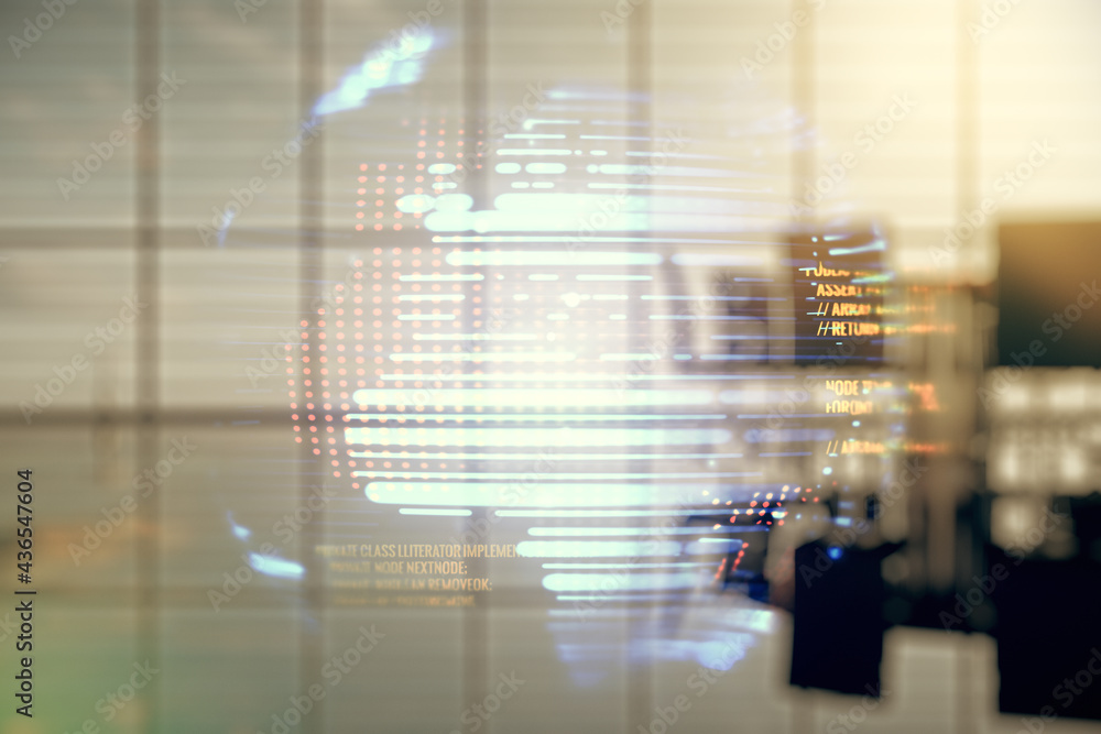 Poster abstract virtual coding concept and world map hologram on a modern conference room background. multi